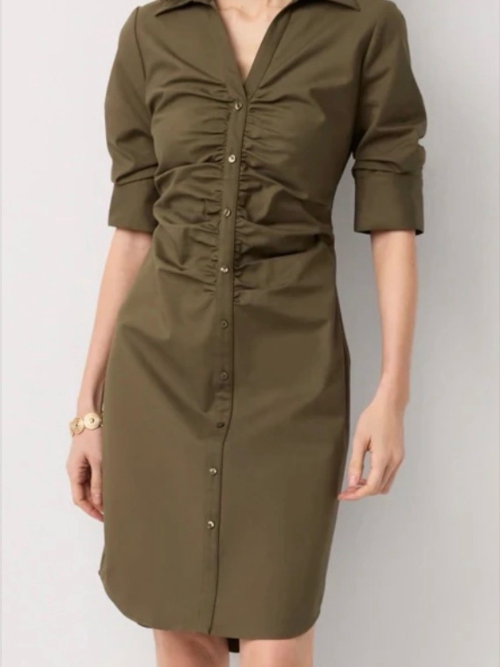 White House Black Market Olive Ruched Faux Button-Front Midi Dress Pull Over